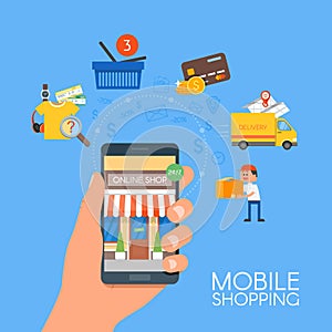 Online mobile shopping concept. Vector illustration in flat style design. Payment on internet.