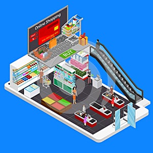 Online Mobile Shopping E-commerce Concept 3d Isometric View. Vector