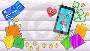 Online mobile shopping. Flat smartphone with sale discount on price tag, cart icon and cursor clicking buy button on screen.