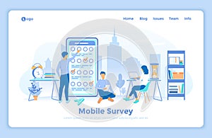 Online mobile survey testing questionnaire. Phone screen with online filling forms and check marks. A group of people making onlin