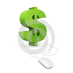 Online money concept. Web account. Virtual money. Management online wallet, computer mouse is connected to dollar sign