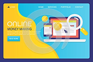 Online money making with blogging, affiliate marketing, passive income stream concept. Flat design web banner, landing page.