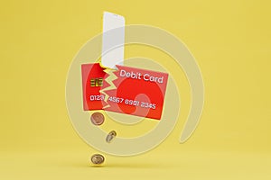 online money transfers. a torn debit card from which coins of dollars and a smartphone are poured. 3D render