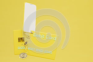 online money transfers. a torn debit card from which coins of dollars and a smartphone are poured. 3D render