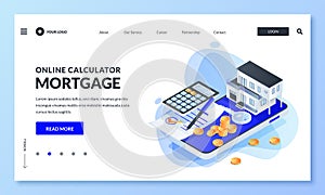 Online mortgage rate calculator. Vector 3d isometric illustration. Concept of real estate loan, property investment