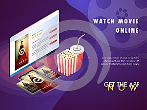 Online movie concept with isomeric set-up, movie playing on desk