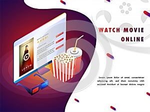 Online movie concept with isomeric set-up, movie playing on desk