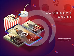 Online movie concept with isomeric set-up, movie playing on smart phone screens with 3D glasses, cold drink and popcorns.