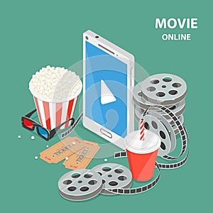 Online movie flat isometric low poly vector concept.