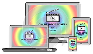 Online movie tickets buying concept on different devices