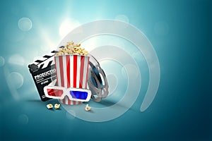 Online movies, cinemas, an image of popcorn, 3d glasses, a movie film and a blackboard on a blue background. The concept of a