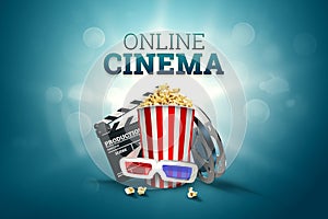 Online movies, cinemas, an image of popcorn, 3d glasses, a movie film and a blackboard on a blue background. The concept of a