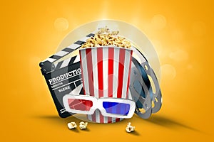 Online movies, cinemas, an image of popcorn, 3d glasses, a movie film and a blackboard on a yellow background. The concept of a