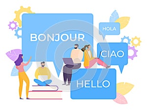 Online multi language translator vector Illustration. Application simplifies learning speech. Technology convert