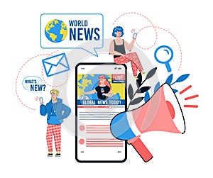 Online news concept with people sending newsletters cartoon vector illustration.