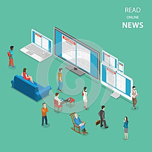 Online news flat isometric vector concept.