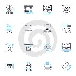 Online news linear icons set. Digital, Instantaneous, Streaming, Viral, Clickbait, Headlines, Reliable line vector and