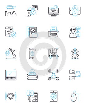 Online news linear icons set. Digital, Instantaneous, Streaming, Viral, Clickbait, Headlines, Reliable line vector and