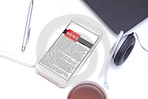 Online news on a mobile phone. Close up of businesswoman reading news or articles in a smartphone screen application.