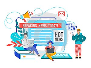 Online news update and breaking news banner cartoon vector illustration.