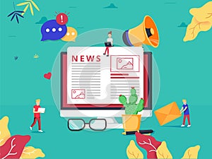 Online news update on internet newspaper. Information website flat illustration. Personal blog webpage