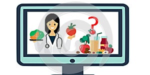 Online nutritionist fruits question mark vector graphics illustration.