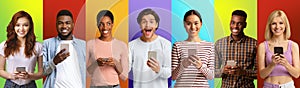 Online Offer. Group Of Young People With Smartphones Posing Over Colorful Backgrounds