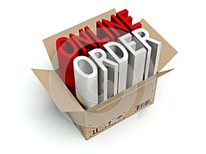 Online order cardboard box on white