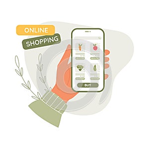 Online order concept. Female hand with online shopping application on phone screen. Character buying vegetables from online shop