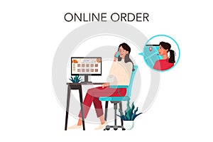 Online order and delivery concept. Woman call to food delivery