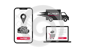Online order tracking app on smartphone and web landing page on laptop.