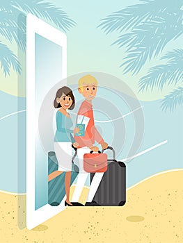 Online order travel ticket, buy vacation voucher mobile phone and smartphone flat vector illustration. Tropical holiday