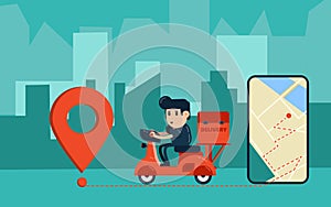 Online ordering and fast food delivery service.Goods delivery  is riding motorbike.people character graphic.Flat icon modern desig