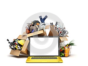 Online ordering of goods from a hypermarket Products clothing and household appliances in boxes over laptop with blank screen 3d