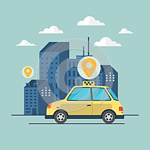 Online ordering taxi car, rent and sharing using service mobile app. Yellow car and points location