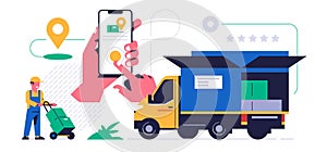 Online parcel delivery service concept. Mobile app concept. Hand holding phone with parcel delivery application on