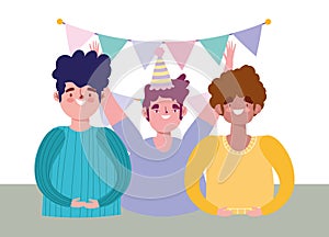 Online party, birthday or meeting friends, happy group men with hat and pennants celebraton