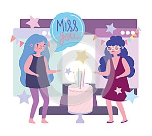 Online party, cartoon girls celebrating with cake connected with computer