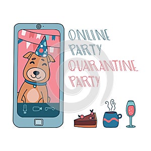 Online party or video conference with happy dog.