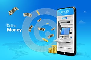 Online Payment atm mobile app with falling money