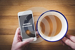 Online payment authorization on smart phone concept photo