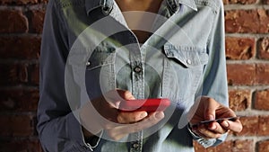 Online payment. Close up of woman hands making online shopping