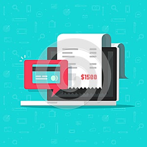 Online payment on computer vector illustration, flat cartoon style big pay bill tax via credit card and laptop pc