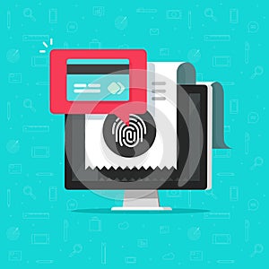 Online payment on computer via fingerprint vector illustration, flat cartoon pay bill tax via credit card on pc