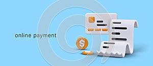 Online payment concept. 3D credit card, coin, paper receipt