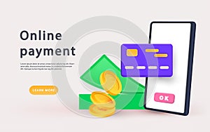 Online payment concept. 3d vector smartphone and credit card, coins and money