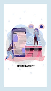 Online payment concept. Customer pays online using mobile phone and credit card. Digital payment and financial bill