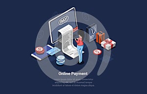 Online Payment Concept Illustration On Dark Background With Writing. Isometric Vector Composition In Cartoon 3D Style