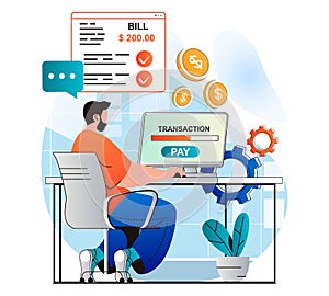 Online payment concept in modern flat design. Man conducts online financial transaction with computer at home. Customer paying