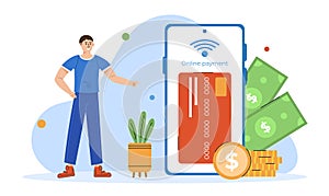 Online payment concept. Money tranfer, NFC payment. E-commerce market shopping online illustration with character